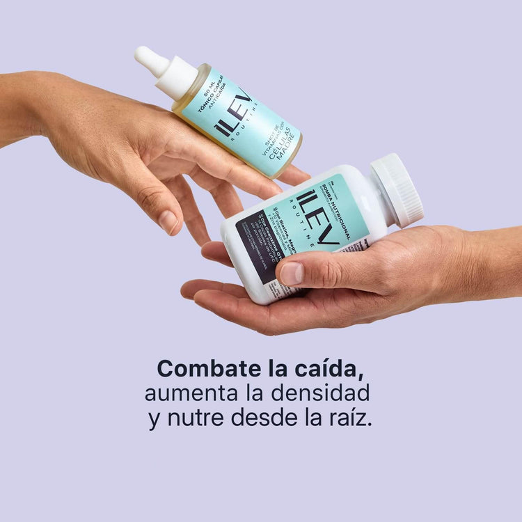 Tónico Anticaída y Bomba Nutricional ILEV en manos: combate la caída, aumenta la densidad y nutre desde la raíz