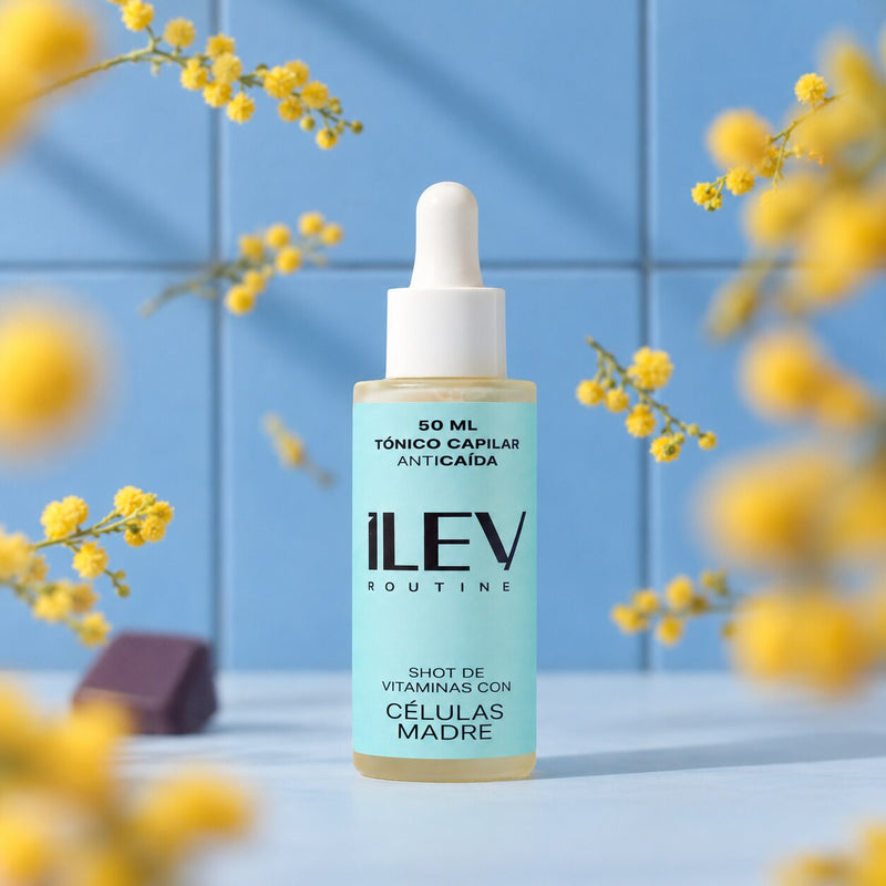 Tónico Capilar Anticaída ILEV Routine 50 ml sobre fondo de baldosas azul claro con ramas de mimosa amarilla