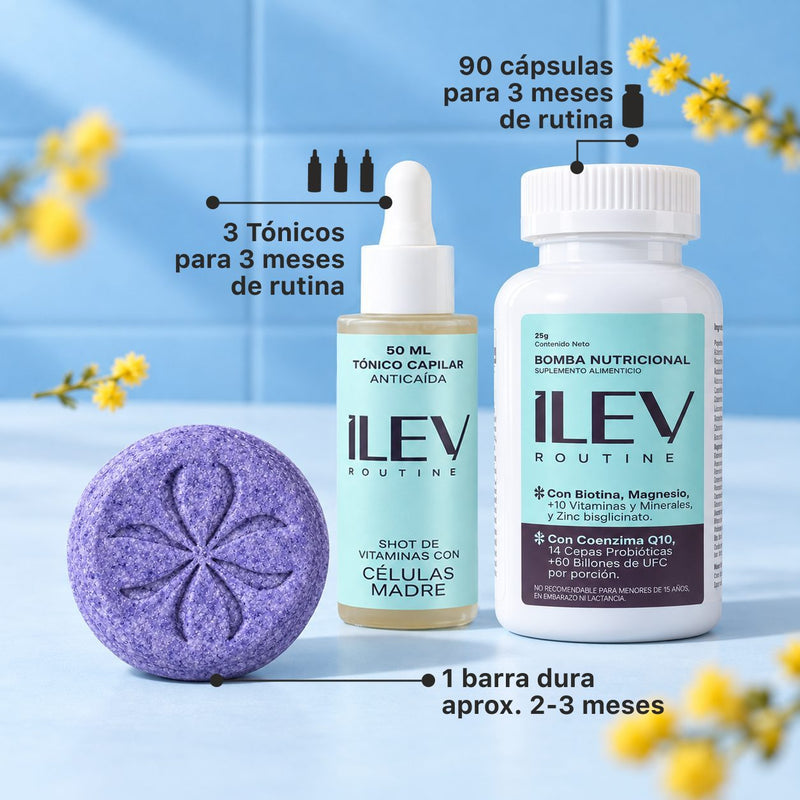 TRÍO 90 días ILEV Routine: 3 Tónicos Anticaída, Bomba Nutricional de 90 cápsulas y Shampoo en barra que dura aprox. 2 a 3 meses