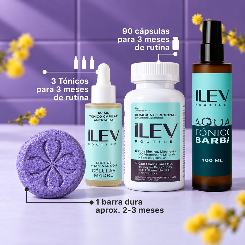 TRÍO 90 días ILEV Routine con Tónico de Barba de regalo: 3 Tónicos Anticaída, Bomba Nutricional de 90 cápsulas y Shampoo en barra