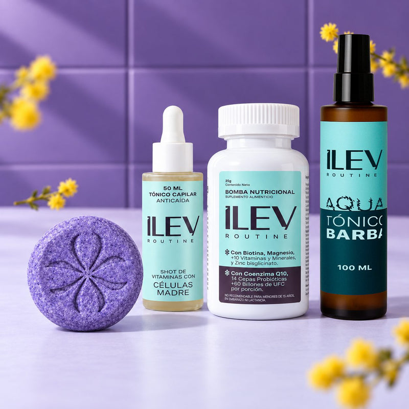 Rutina ILEV Routine: Shampoo en barra, Tónico anticaída, Bomba Nutricional y Tónico de barba