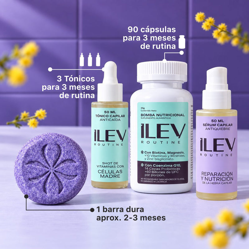 TRÍO 90 días ILEV Routine con Sérum Antiquiebre de regalo: 3 Tónicos Anticaída, Bomba Nutricional de 90 cápsulas y Shampoo en barra