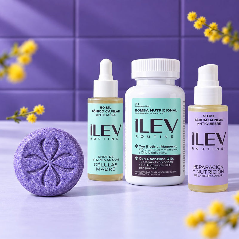 Rutina ILEV Routine: Shampoo en barra, Tónico anticaída, Bomba Nutricional y Sérum antiquiebre
