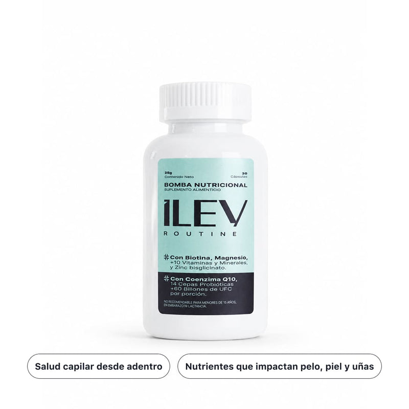 Envase de la Bomba Nutricional ILEV Routine, 30 cápsulas con probióticos, biotina, zinc y coenzima Q10