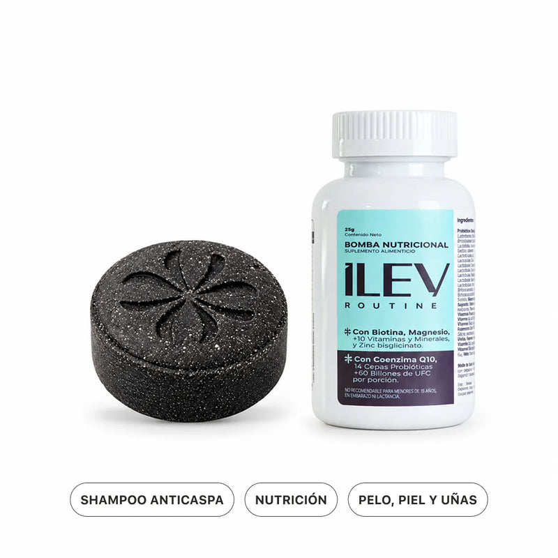 Pack Por Dentro y Por Fuera ILEV Routine: Shampoo Anticaspa en barra y Bomba Nutricional