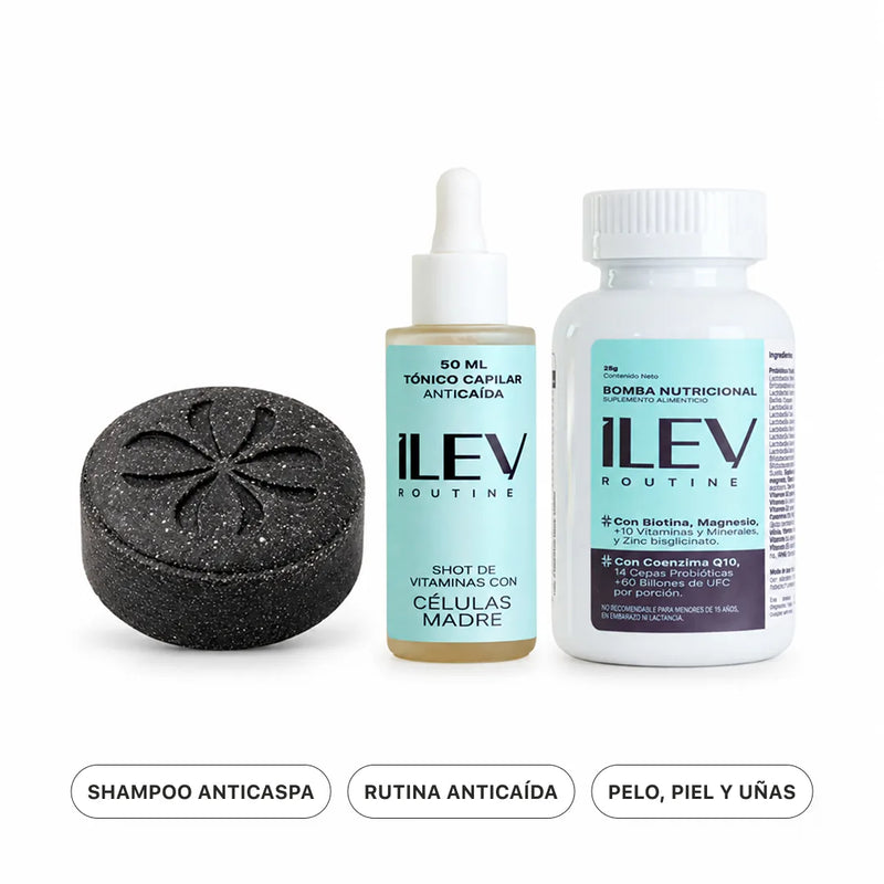Pack Rutina Completa ILEV Routine: Shampoo Anticaspa en barra, Tónico Anticaída y Bomba Nutricional