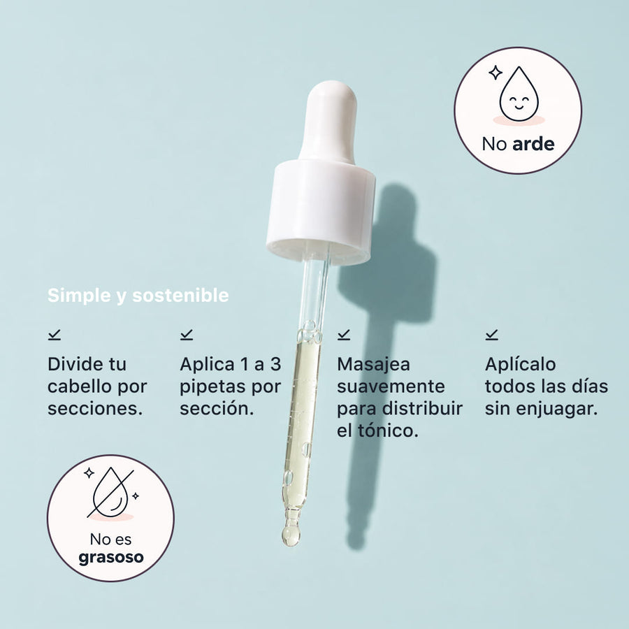 Modo de uso del Tónico ANTIcaída ILEV: dividir el cabello por secciones, aplicar 1 a 3 pipetas por sección, masajear y usarlo a diario sin enjuagar