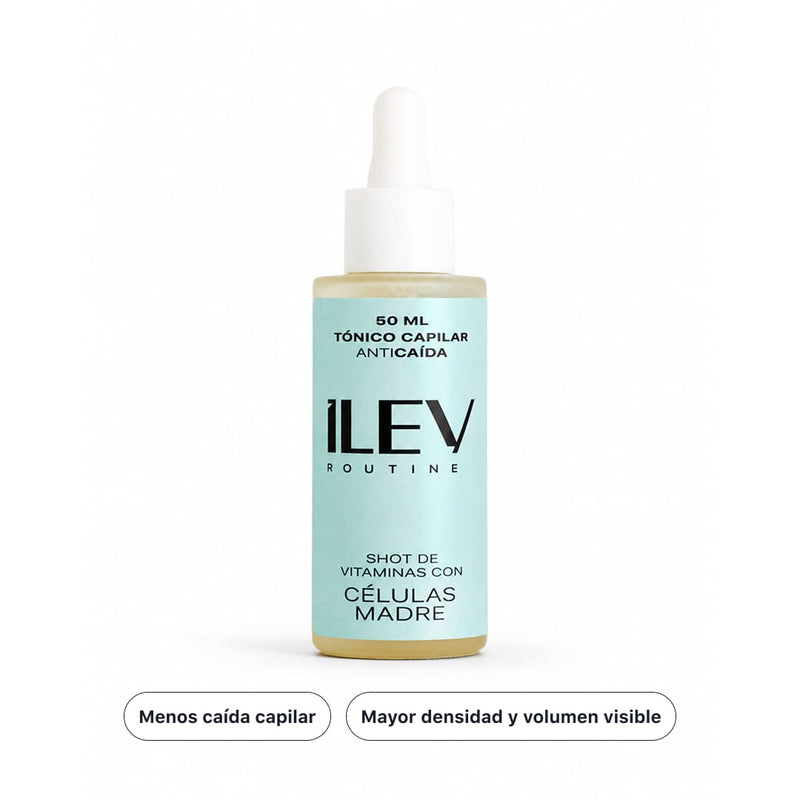 Frasco con gotario del Tónico ANTIcaída ILEV Routine de 50 ml, etiqueta color aqua, con los sellos menos caída capilar y mayor densidad y volumen visible